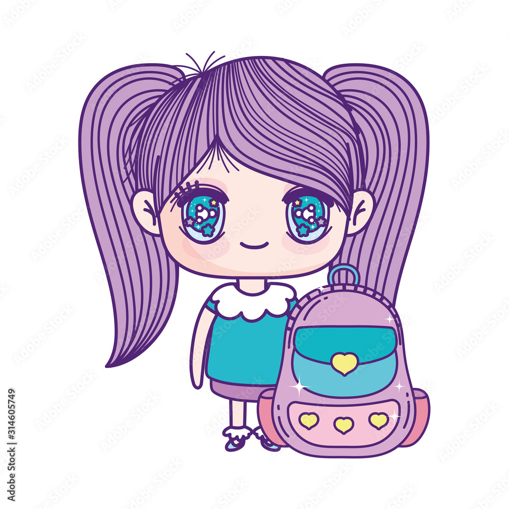 kids, cute little girl anime cartoon with school backpack kids, cute little girl anime cartoon with school backpack