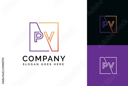 Purple orange gradient square initial letter PV line logo design vector graphic
