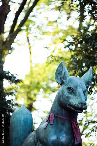 Ancient Japanese kitsune statue guardian  fox guard statue old shinto shrine in Tokyo  Inari Shrine