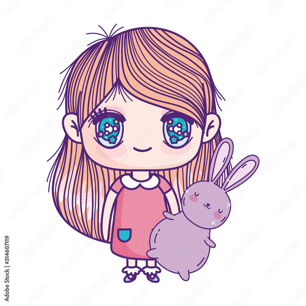 kids, cute little girl anime cartoon holding bunny