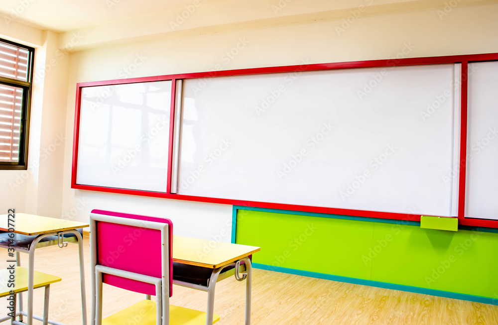 Desks, chairs and white board in the kindergarten classroom. Desks, chairs and white board in the kindergarten classroom.