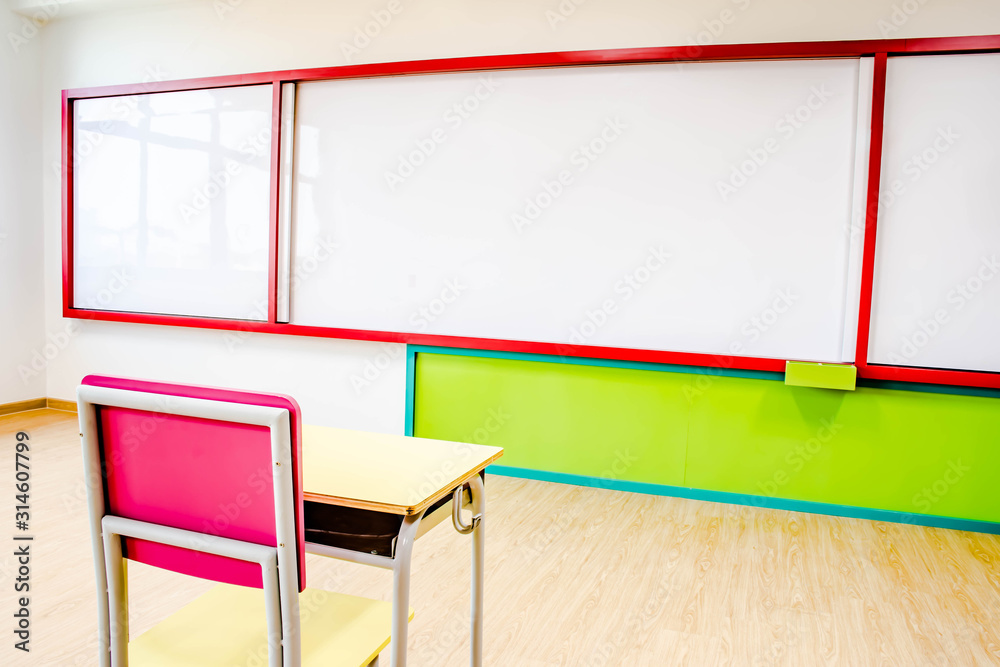 Desks, chairs and white board in the kindergarten classroom. Desks, chairs and white board in the kindergarten classroom.