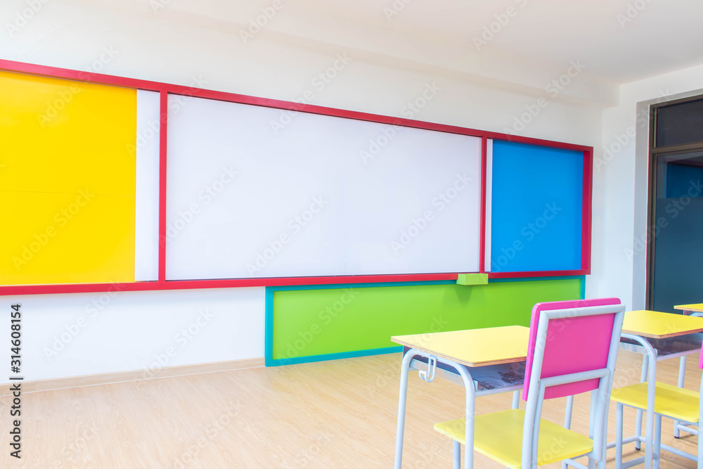 Desks, chairs and white board in the kindergarten classroom. Desks, chairs and white board in the kindergarten classroom.