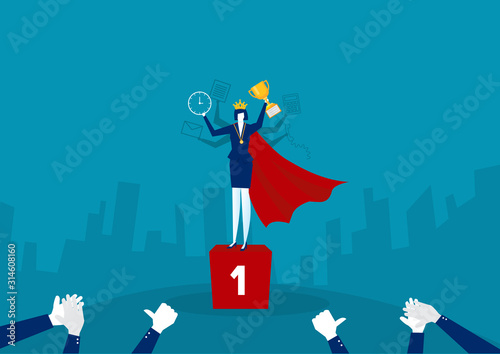 business woman character holding trophy promote to position and get reward standing on podium and celebrate.illustrator