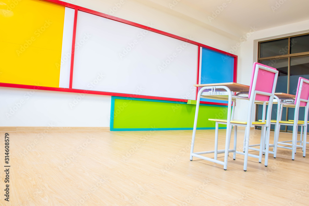 Desks, chairs and white board in the kindergarten classroom. Desks, chairs and white board in the kindergarten classroom.