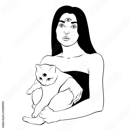 Vector hand drawn illustration of girl with cat with three eyes isolated. Surreal tattoo artwork.  Template for card, poster, banner, print for t-shirt, pin, badge, patch.