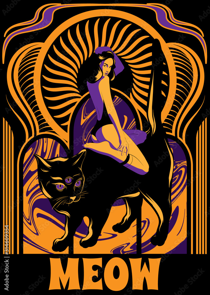 Obraz Meow. Vector hand drawn illustration of pretty girl sitting on big cat with three eyes isolated. Template for card, poster, banner, print for t-shirt, pin, badge, patch.