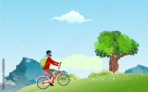 Countryside outdoor illustration, city buildings on the green hills and nature, vector