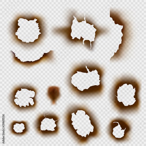 Set of Burnt Torn Holes in Paper on Transparent Background.