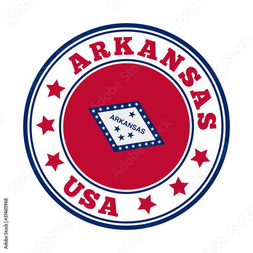 Arkansas sign. Round US state logo with the flag of Arkansas. Vector illustration.