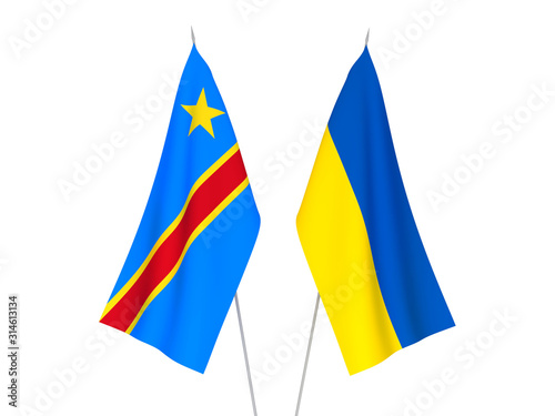 National fabric flags of Ukraine and Democratic Republic of the Congo isolated on white background. 3d rendering illustration.