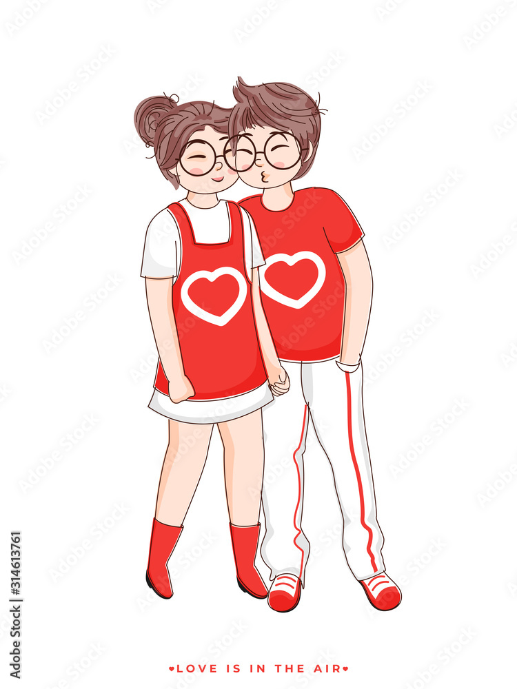 Cartoon Character of Boy Kissing To His Girlfriend on White Background.  Stock Vector | Adobe Stock
