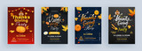 Thanksgiving Party Flyer Design with Turkey Bird, Pumpkin, Maple Leaves and Event Details in Different Color Background.