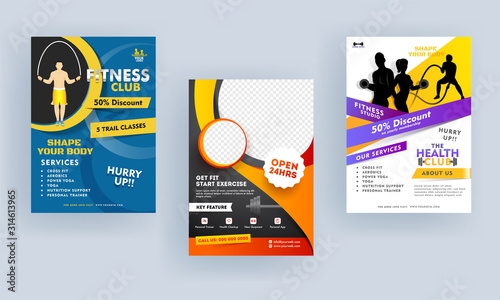 Fitness Club Flyer Design with Different Discount Offer and Given Service in Three Color Option.