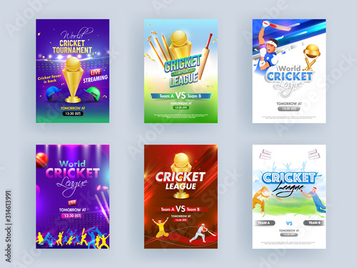 World Cricket League Template or Flyer Set with Cricketer Characters and Golden Trophy on Abstract Background.