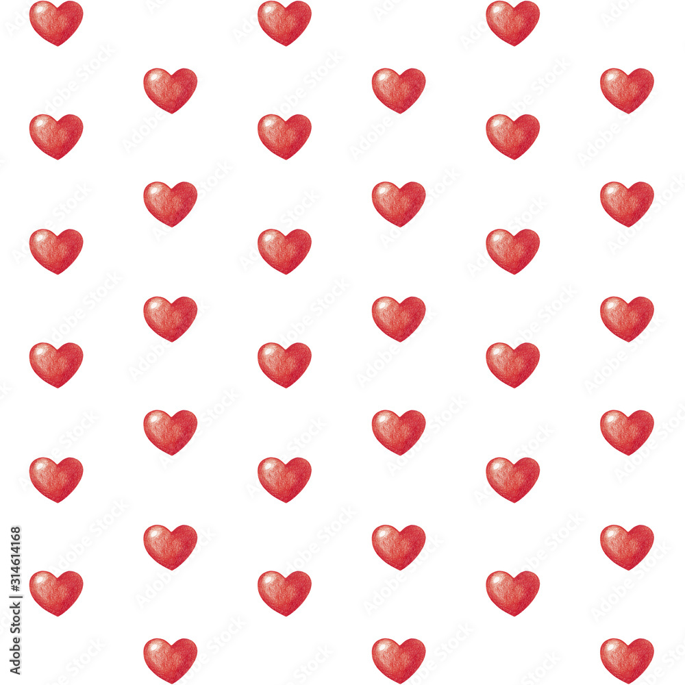 Seamless pattern with Attributes Valentine's Day isolated on a white background. Drawing with colored pencils. 