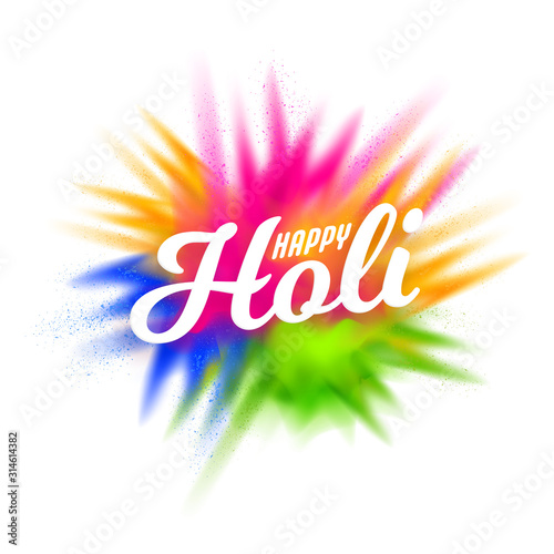 White Happy Holi Font on Blurred Color Splash Background.