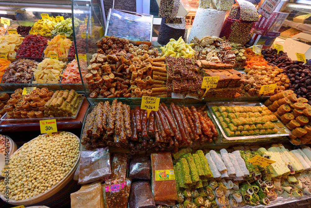Turkish Delight and Viagra with dried fruit nuts and Baklava on display in Spice Market Istanbul