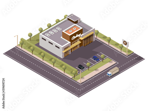 Isometric Bakery Shop with Car Parking Along Transport Street Background.