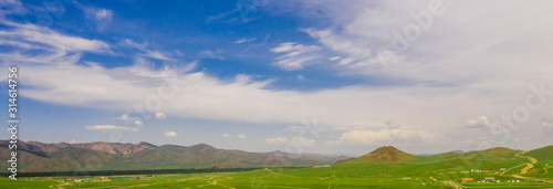 Aerial view of the Mongolian countryside, not far from Ulaanbaatar, the capital of Mongolia, circa June 2019 photo