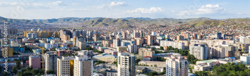 Aerial view of Ulaanbaatar, the capital of Mongolia, circa June 2019
