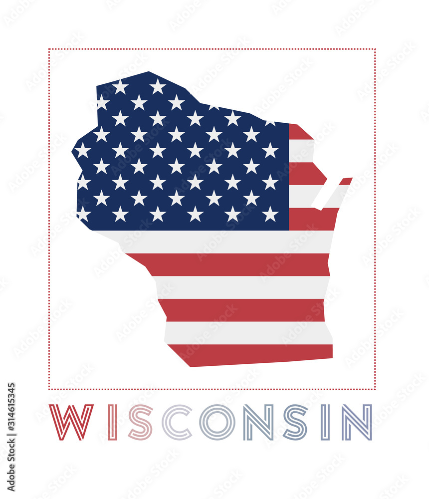 Wisconsin Logo. Map of Wisconsin with us state name and flag. Modern vector illustration. Stock