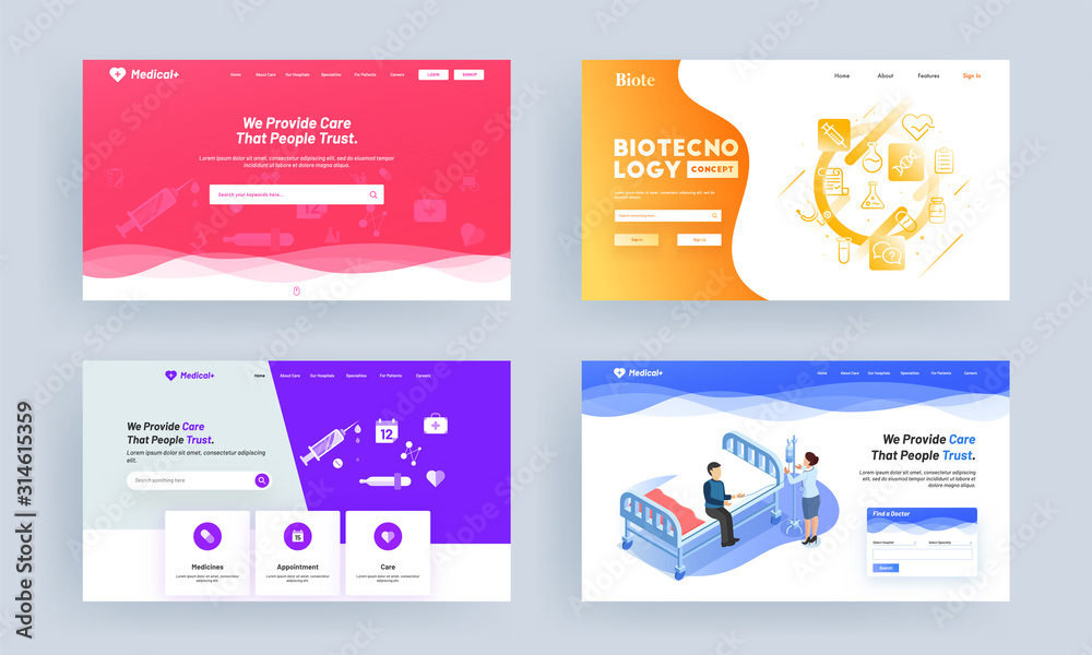 Different Types Medical or Healthcare Concept Based Landing Page Design.