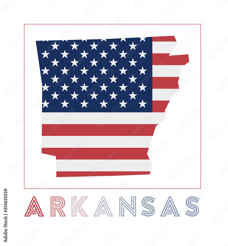 Arkansas Logo. Map of Arkansas with us state name and flag. Elegant vector illustration. Stock