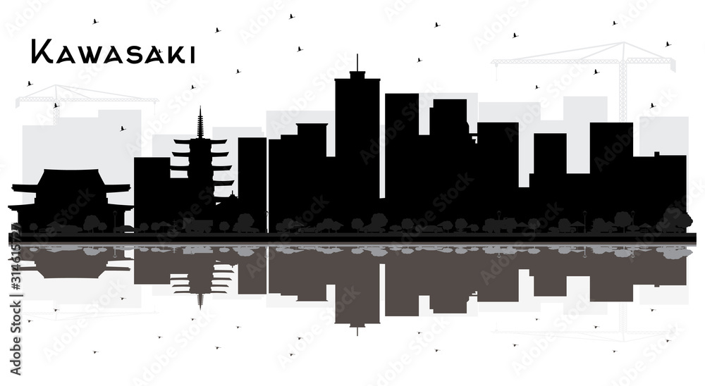 Kawasaki Japan City Skyline Silhouette with Black Buildings and Reflections Isolated on White.