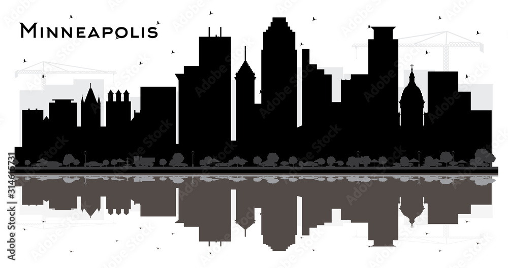 Minneapolis Minnesota USA City Skyline Silhouette with Black Buildings and Reflections Isolated on White.