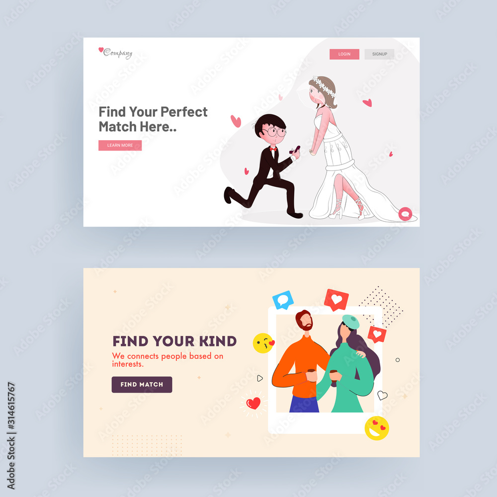 Find your perfect match landing page set with loving couple character for wedding or dating.