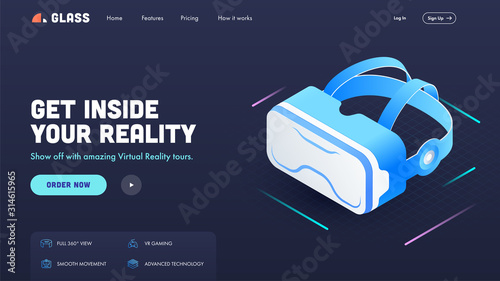 Landing Page or Hero Shot with VR Glasses on Blue Background for Get Inside Your Reality.