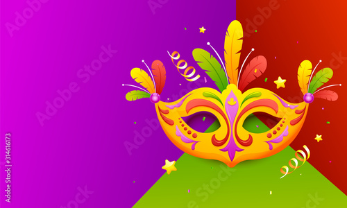 Fototapeta Naklejka Na Ścianę i Meble -  Illustration of Party Mask with Feather and Confetti on Colorful Abstract Background.