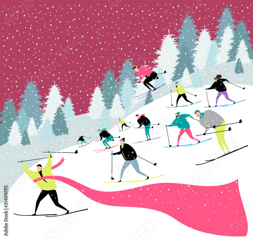 skiers. ski competition. vector image of people engaged in skiing