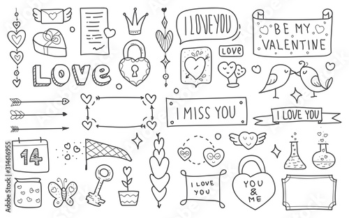 Valentine's day hand drawing doodle big set. Vector silhouettes elements on a white background. Use for wallpaper, textiles, packaging or greeting cards.