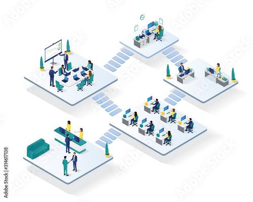  office workspace room isometric illustration, workplace condition in 3d isometric illustration