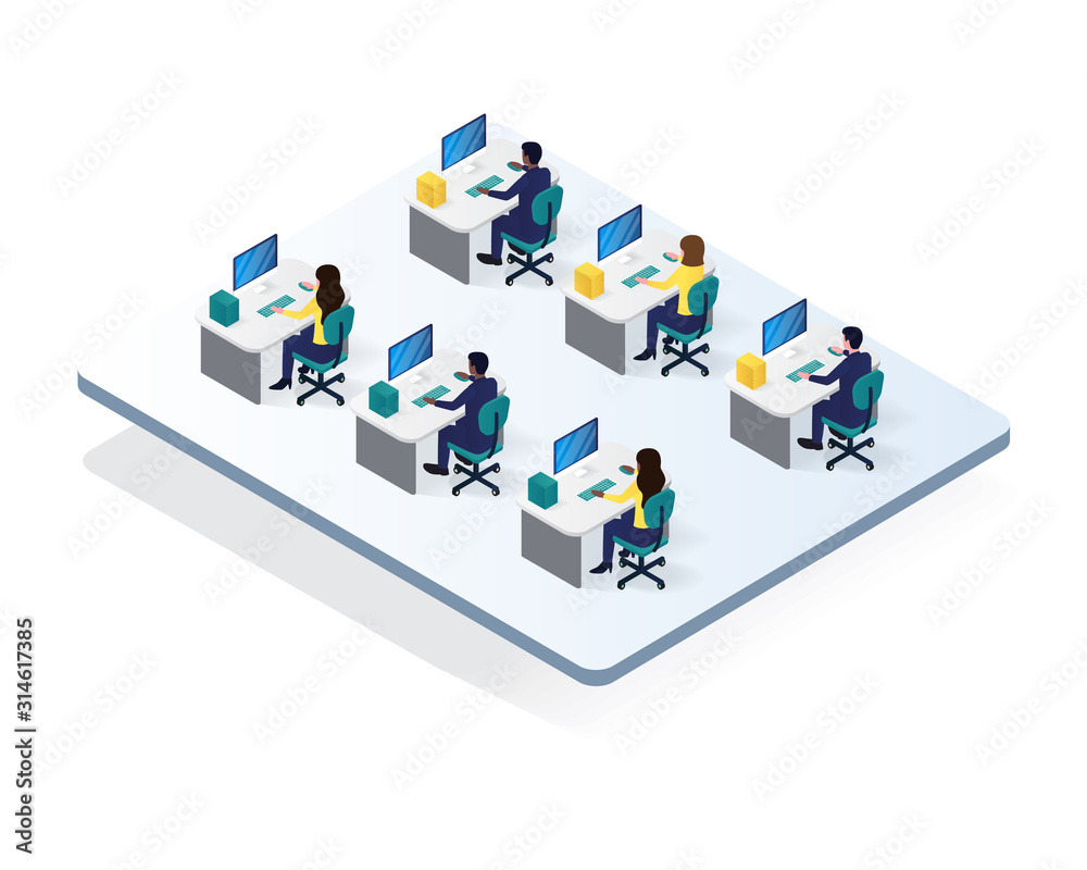  office workspace room isometric illustration, workplace condition in 3d isometric illustration