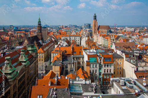 Aerial view of Wroclaw's old town with the towers of St. Elizabeth's Church and the Town Hall visible over the skyline of this Polish city