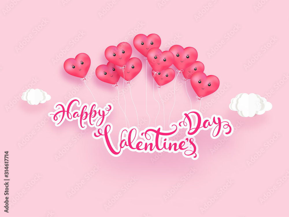 Sticker Style Happy Valentine's Day Font Decorated with Facial Expression Heart Balloons and Paper Cut Clouds on Pastel Pink Background.