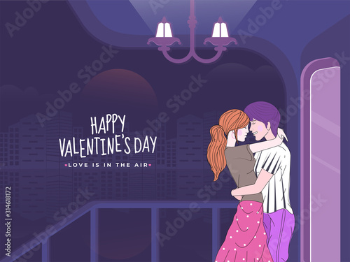 Young Loving Couple Hugging in Balcony of the House with Evening City View for Happy Valentine's Day, Love is in the air concept.