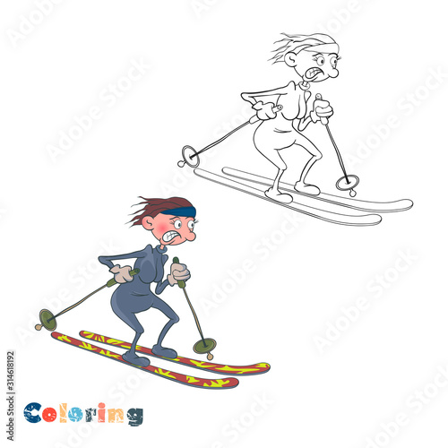 woman skier is skiing. Coloring vector illustration with color illustration.