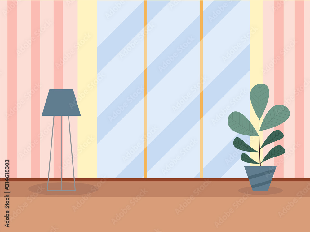 Flat Style Striped Pattern Background with Floor Lamp and Plant Vase.