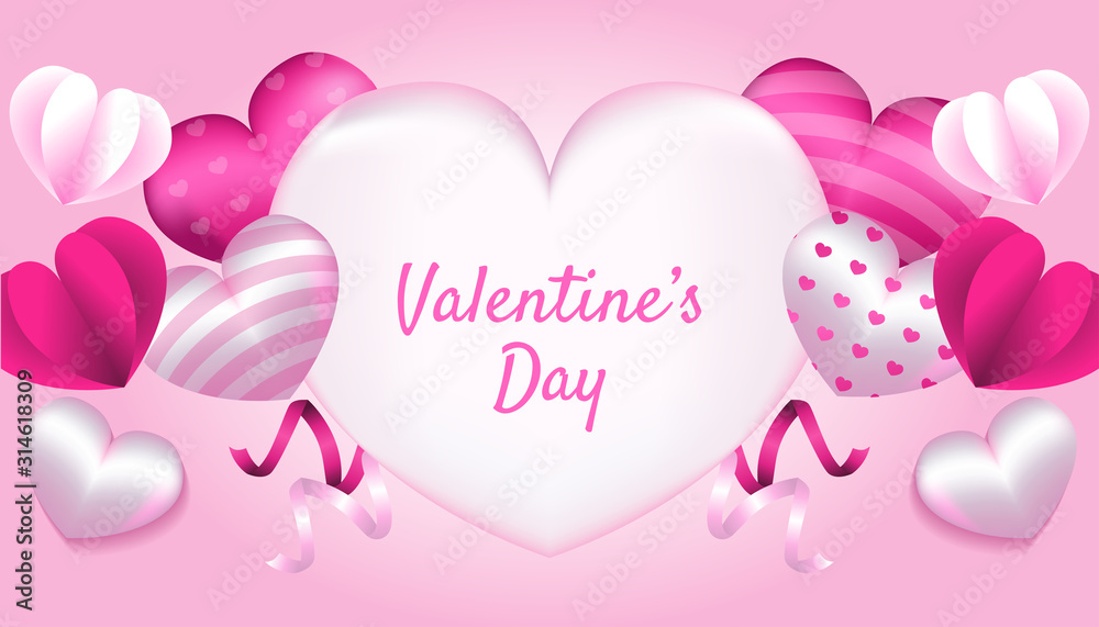 Valentines Day Background with 3d heart shape, paper love, ribbon in pink and white color, applicable for invitation, greeting, celebration card