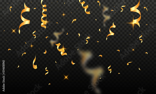 Foto Golden Confetti Fall Down on Black Transparent Background.