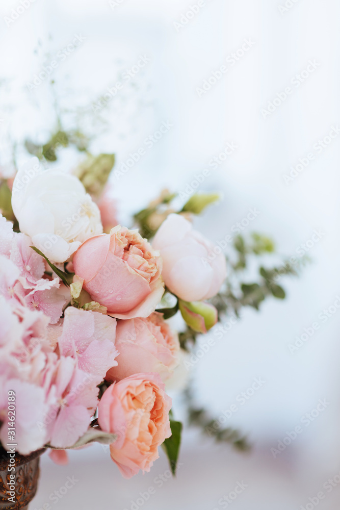Plakat Beautiful blossoming flowers: peonies, roses, ranunculus, tulips, carnations,eustoma lisianthks hydrangea in tender pink colour