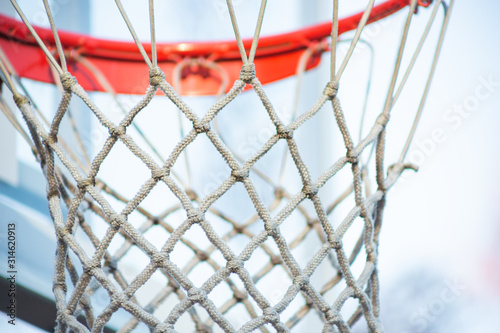 A closeup view of a basketball hoop and net pattern.