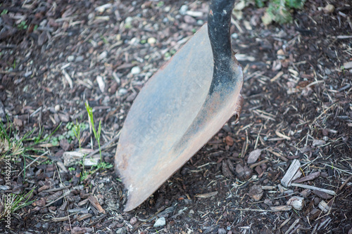 A view of a shovel that is about to dig into the ground.