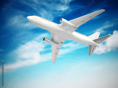 Airplane in the cloudy sky. 3D illustration