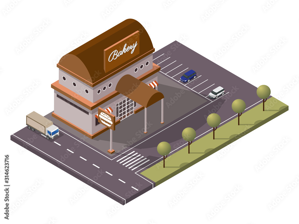Isometric Bakery Burger Shop and Car Parking Along Transport Street Yard Background. Isometric Bakery Burger Shop and Car Parking Along Transport Street Yard Background.