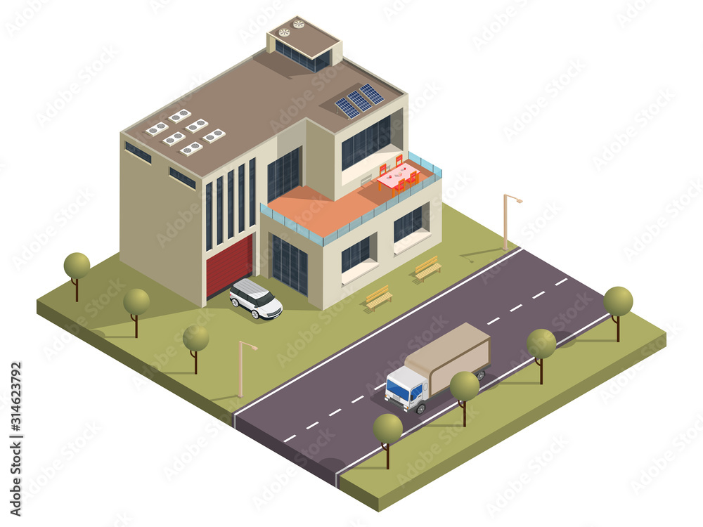 Isometric Building with Yard View and Transport Street Background.